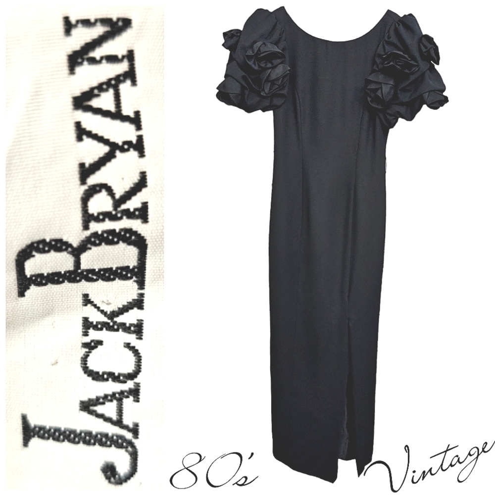 Vintage Jack Bryan Black Matte Poly/Chiffon Puffed Sleeves w/Roses Eveni…